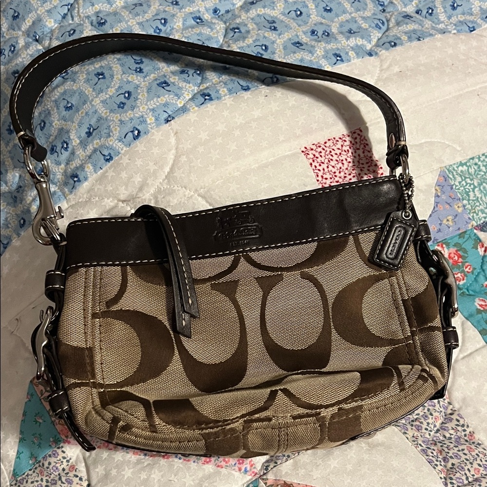 Coach Brown Signature Canvas Shoulder Bag with Dark Leather Trim